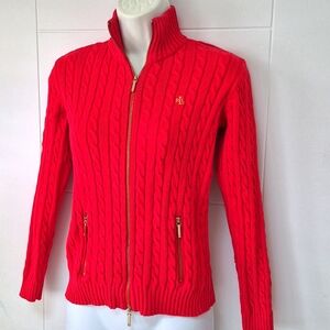 Ralph Lauren Women's Red Petite Cable Knit Sweater Zip Up Cardigan PP
